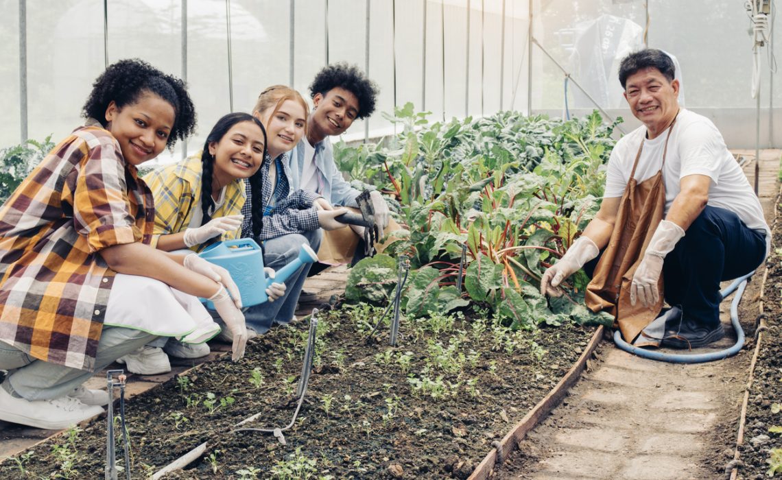 A garden specialist is teaching a group of students in a vegetable plot.