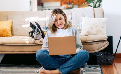 Young woman working from home with a boston terrier dog. Freelancer businesswoman using laptop at sunny room. Student learning and working at home.